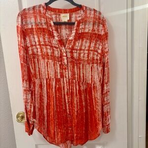 Anthropologie Maeve Calia Rust Patterned Longline Pintuck Button Blouse size 8